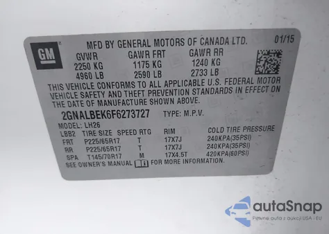 2015 Chevrolet Equinox 1Lt из США, поврежденный, VIN 2GNALBEK6F6273727